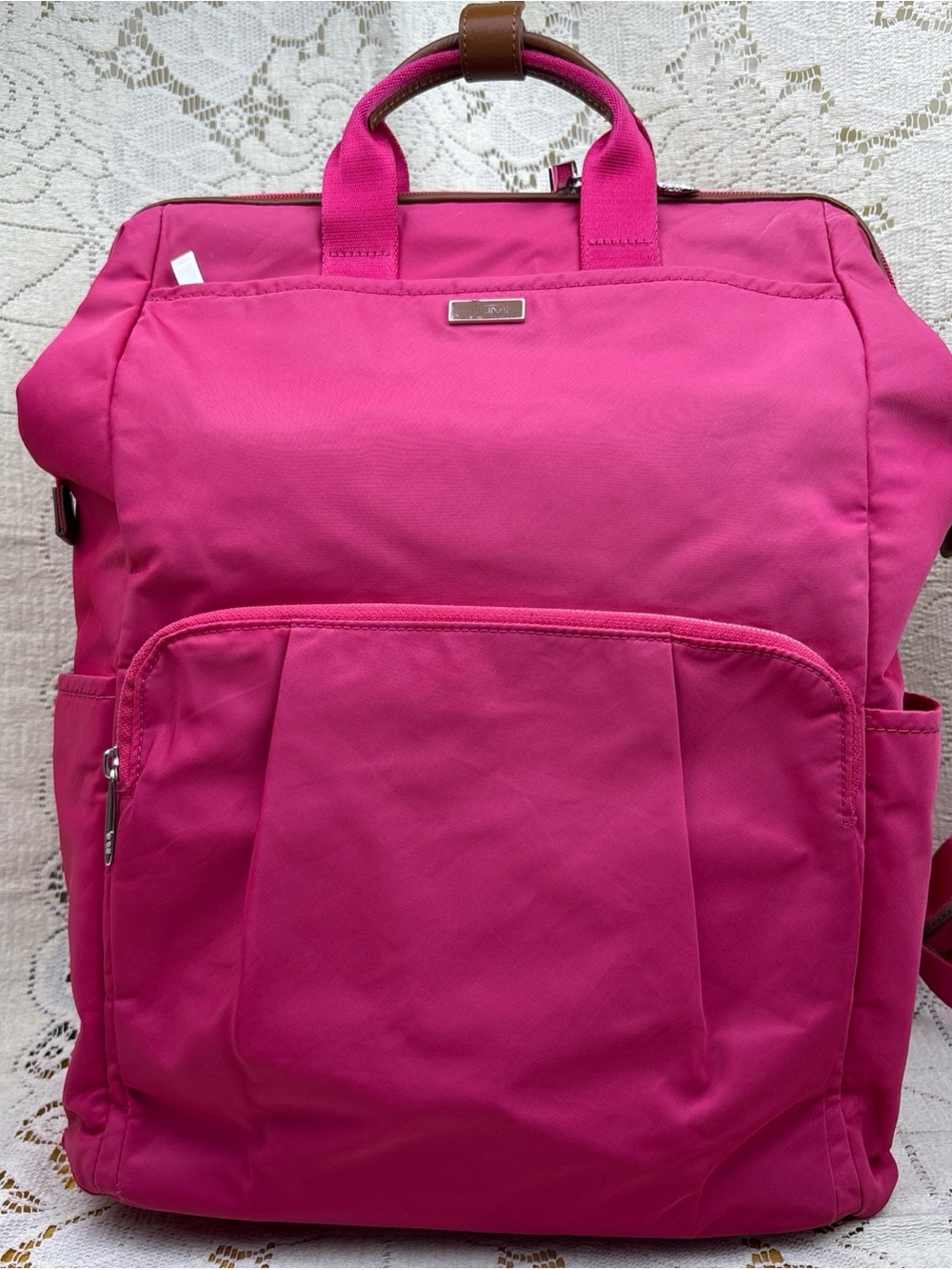 TUMI Backpack With Computer Sleeve Nylon with Leather Trim Pink